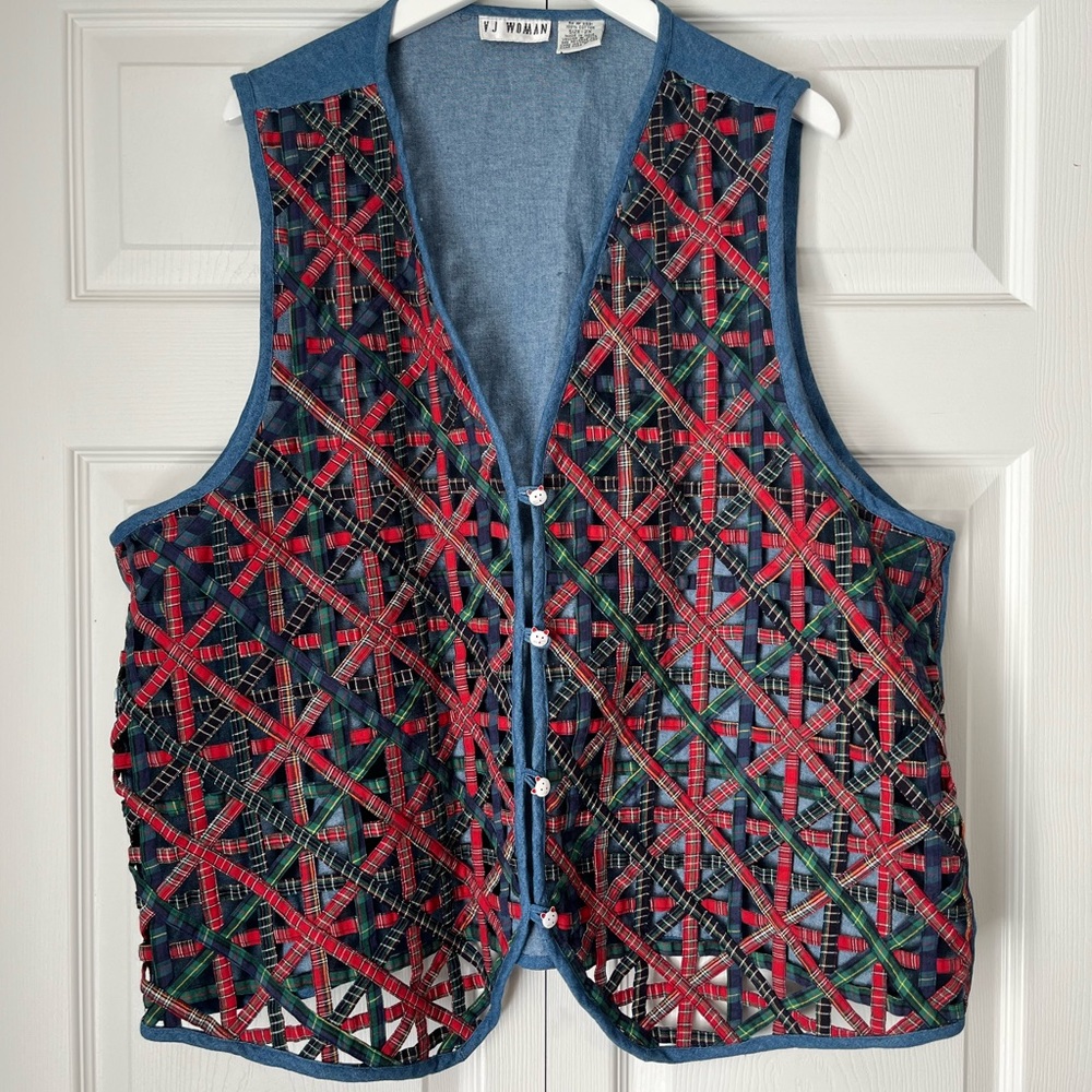 Vintage VJ Woman Cat Lady Holiday Sweater Vest Denim  size 2X